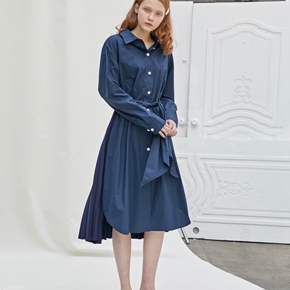 Midi Pleated Shirt Belt Navy Dress - NEW - Picture 6 of 8